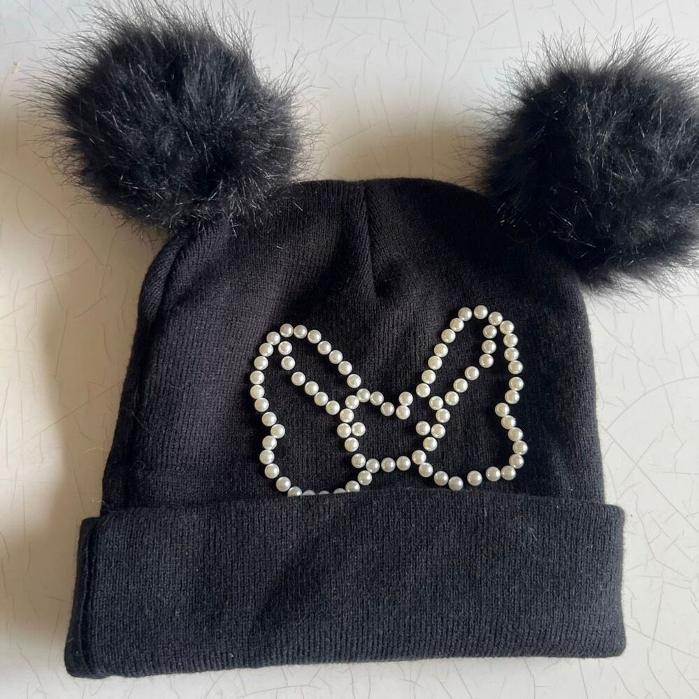 Disney Minnie Mouse Black Beanie Hat Double Pom Pom Ears Pearl Bow Detail OSFM